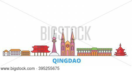 China, Qingdao Line Cityscape, Flat Vector. Travel City Landmark, Oultine Illustration, Line World I