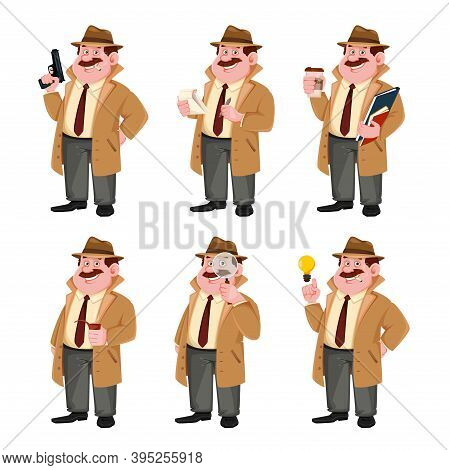 Stock Vector Detective Character, Set Of Six Poses. Investigator Cartoon Character. Vector Illustrat