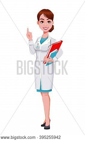 Stock Vector Cheerful Doctor Cartoon Character. Beautiful Young Woman Doctor Holding Documents. Vect