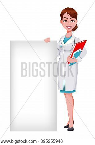 Stock Vector Cheerful Doctor Cartoon Character. Beautiful Young Woman Doctor Standing Near Blank Pla