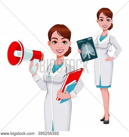 Stock Vector Cheerful Doctor Cartoon Character, Set Of Two Poses. Beautiful Young Woman Doctor Holdi