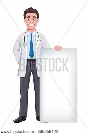 Stock Vector Cheerful Doctor Cartoon Character. Handsome Male Doctor Standing Near Blank Banner. Vec