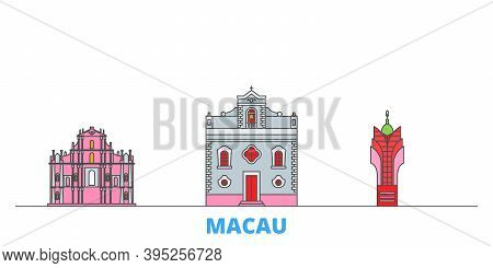 China, Macau Line Cityscape, Flat Vector. Travel City Landmark, Oultine Illustration, Line World Ico