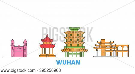 China, Wuhan Line Cityscape, Flat Vector. Travel City Landmark, Oultine Illustration, Line World Ico