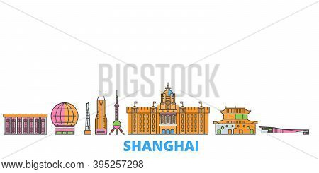 China, Shanghai Line Cityscape, Flat Vector. Travel City Landmark, Oultine Illustration, Line World 