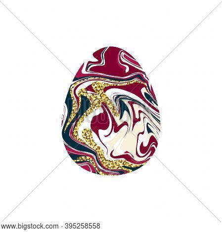 Marble Texture Egg. Liquid Texture Happy Easter Symbol. Painted Pink, Red, Blue Egg With Gold Glitte