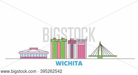 United States, Wichita Line Cityscape, Flat Vector. Travel City Landmark, Oultine Illustration, Line