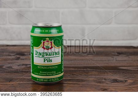 A Vintage Aluminium Can Of Regenten Germany Beer Against The Brick Wall