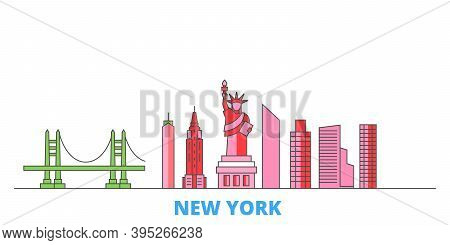 United States, New York Line Cityscape, Flat Vector. Travel City Landmark, Oultine Illustration, Lin