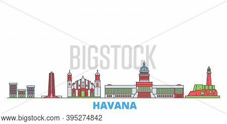 Cuba, Havana Line Cityscape, Flat Vector. Travel City Landmark, Oultine Illustration, Line World Ico