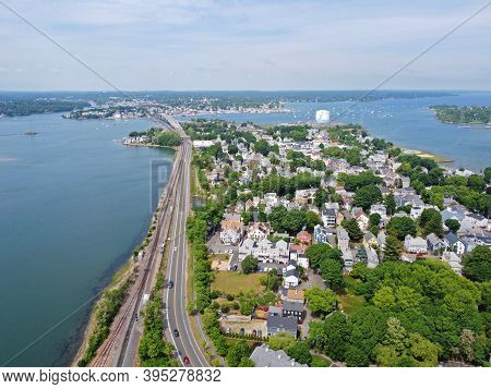 Aerial View Of Salem Historic City Center And Salem Harbor In Town Of Salem, Massachusetts Ma, Usa.