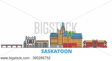 Canada, Saskatoon Line Cityscape, Flat Vector. Travel City Landmark, Oultine Illustration, Line Worl