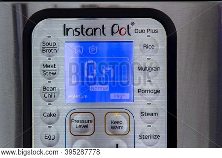 Calgary, Alberta, Canada. Nov. 16, 2020. A Close Up To An Instant Pot Menu Panel While Is On.