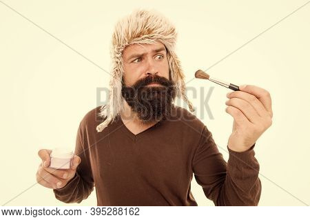 Stylist Career. Freak Visagiste. Applying Makeup Face Tone. Powder Cosmetics. Man Bearded Stylist We