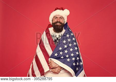 Christmas Holiday. Guy Celebrate Christmas. Cheerful Hipster. Patriotism Is Easy To Understand In Am
