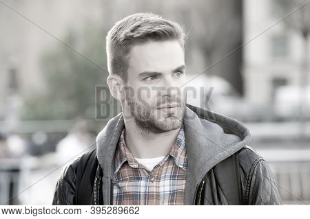 Fashion Purposes Comfort. Young Man In Casual Clothing On Urban Background. Handsome Man Wear Casual