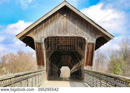 Wooden Covered Bridge In Guelph Ontario, Canada.