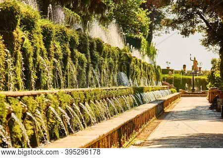 Tivoli, Italy - August 13, 2020 : fountains of Villa d'Este Tivoli near Rome Lazio region Italy landmark