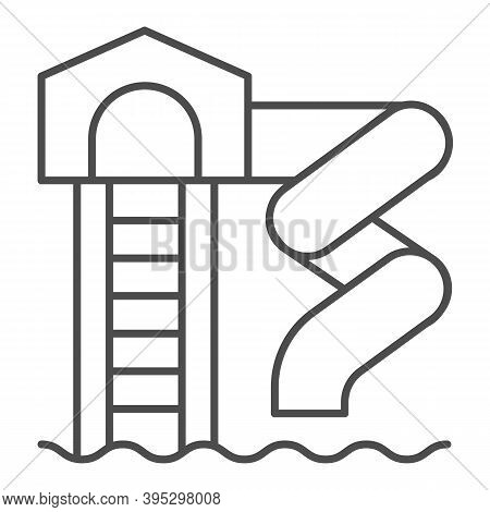 Water Park Spiral Pipe With Ladder Thin Line Icon, Aquapark Concept, Water Slide Sign On White Backg
