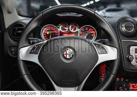Novosibirsk, Russia - November 16, 2020: Alfa Romeo Mito, Cockpit Interior Cabin Details, Speedomete
