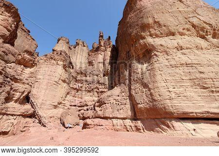 The Pillars Of Solomon In The Timna Valley Near Eilat In Southern Israel. Geological Rock Formations