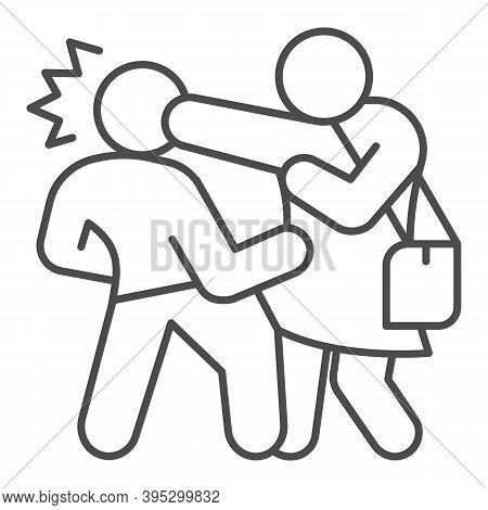 Woman With Bag Defending Herself From Bandit Thin Line Icon, Self Defense Concept, Girl Beats Man In