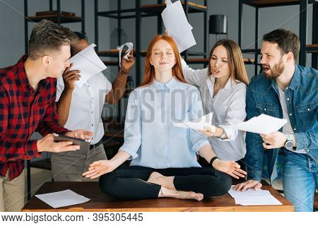Portrait Of Calm Young Business Woman Meditate At Business Meeting Avoiding Pressure Annoying Angry 