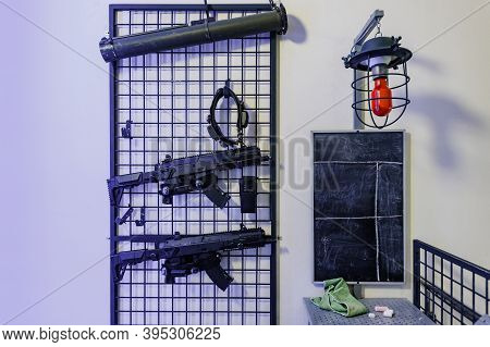 Set Of Plastic Game Guns For Kids In Amusement Park, Safe Shooting Range, Shooting Training