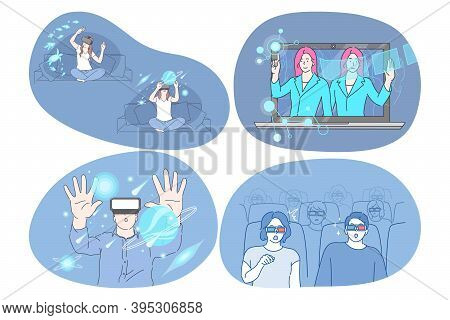 Virtual Reality And Cyberspace Through 3d Glasses Concept. Young Surprised Women And Men Wearing Spe