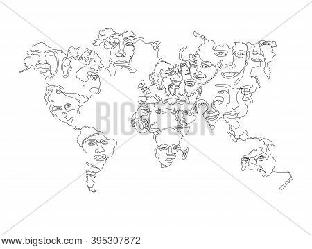 World Map With Faces Of Native People Continuous Line Art, Not Expanded, Stroke Weight Editable.
