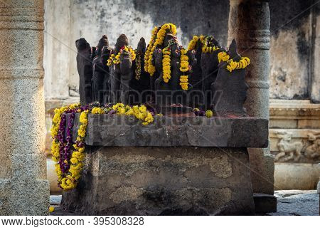 View Of Navagrahas (nine Heavenly Bodies As Well As Deities) In A Temple, Avani, Karnataka, India