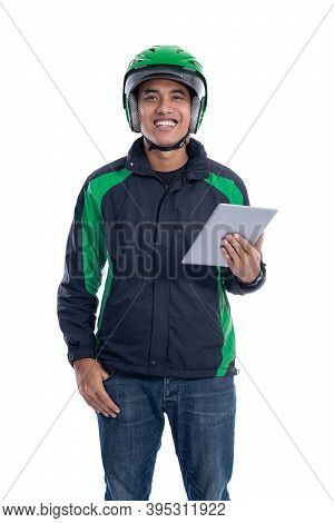 Male Courier Driver Holding Tablet Pc Isolated
