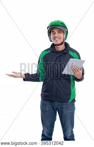 Taxi Driver With Helmet Presenting Blank Space