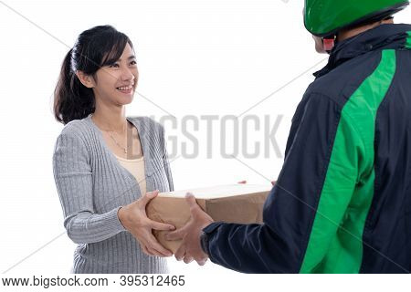 Delivery Courier With Helmet And Uniform Sending Package