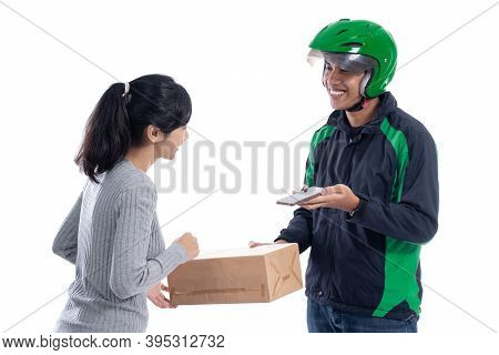 Delivery Courier With Helmet And Uniform Sending Package