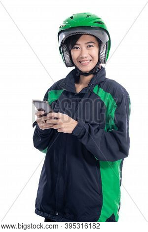 Asian Beautiful Delivery Courier With Helmet Holding Smartphone
