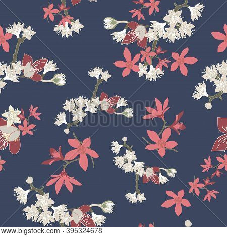 Navy Australian New South Wales Christmas Bush Floral Seamless Vector Repeat Pattern. Vector Illustr