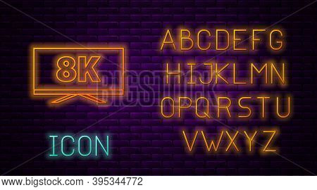 Glowing Neon Line Screen Tv With 8k Ultra Hd Video Technology Icon Isolated On Brick Wall Background