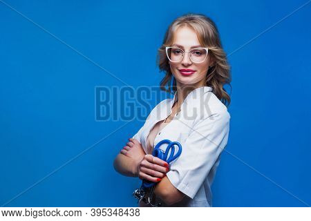 Doctor Woman Medical Portrait Isolated Blue Background.