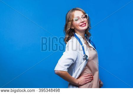 Doctor Woman Medical Portrait Isolated Blue Background.