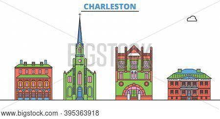 United States, Charleston Line Cityscape, Flat Vector. Travel City Landmark, Oultine Illustration, L