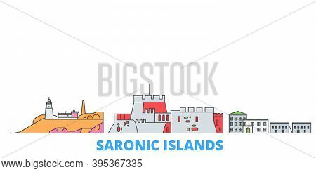 Greece, Saronic Islands Line Cityscape, Flat Vector. Travel City Landmark, Oultine Illustration, Lin