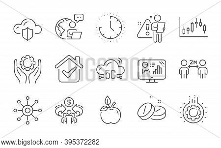 Employee Hand, Multichannel And Analytics Graph Line Icons Set. Candlestick Graph, Eco Food And Soci