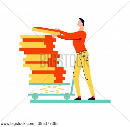 Male Character Moves Cargo Cartoon Vector. Worker, Man In Casual Wear Took The Load In Hand And Move
