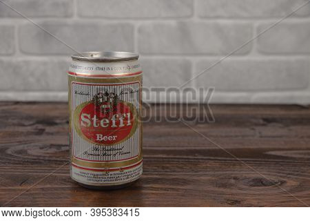 A Vintage Aluminium Can Of Steffl Beer Against The Brick Wall