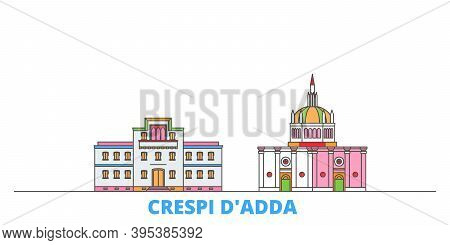 Italy, Crespi Dadda Line Cityscape, Flat Vector. Travel City Landmark, Oultine Illustration, Line Wo