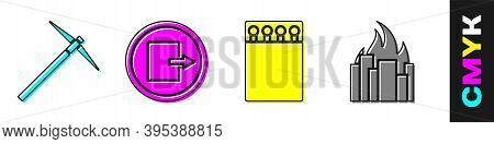 Set Pickaxe, Fire Exit, Open Matchbox And Matches And Fire In Burning Buildings Icon. Vector