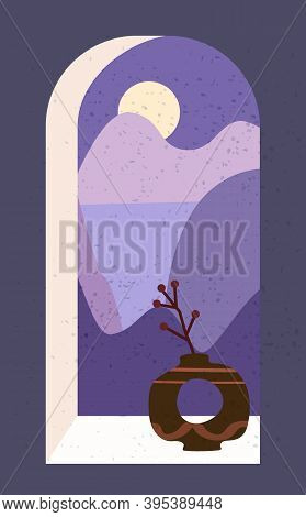 Open Old Window With Landscape Absctract View And Stillife, Vase, Friut. Mountains Sea And Ocean. Mi