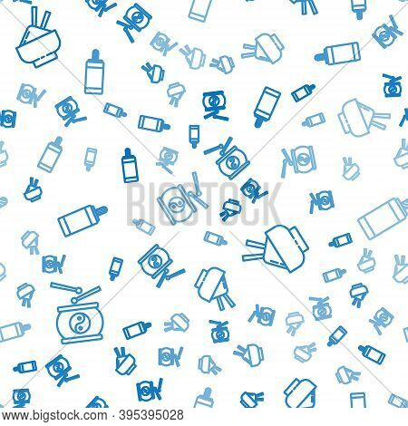 Set Line Chinese Drum, Rice In A Bowl With Chopstick And Firework On Seamless Pattern. Vector