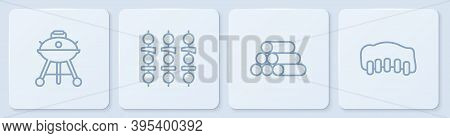 Set Line Barbecue Grill, Wooden Logs, Grilled Shish Kebab And Pork Bbq Ribs. White Square Button. Ve